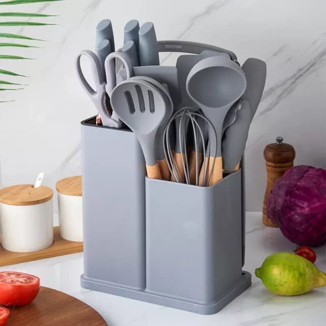 Kitchen Cooking Utensils & Knife Set with Block, Holder & Cutting Board 19 Piece Set