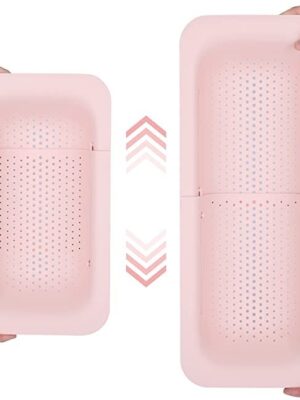 BLUE GINKGO Over the Sink Colander Strainer Basket - Extendable - New Home Kitchen Essentials (7.9 W x 14.5-19.5 L x 2.75 H) (Pink)