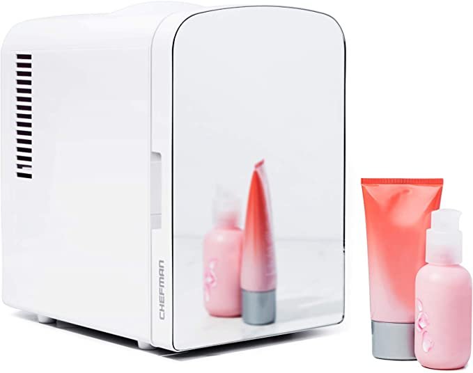 Chefman Portable Mirrored Personal Fridge 4 Liter Mini Refrigerator Skin Care, White