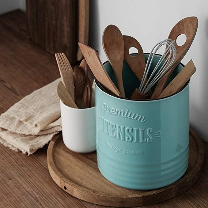 DOWAN Kitchen Utensil Holder, 7.2″ Large Ceramic Teal Utensil Crock