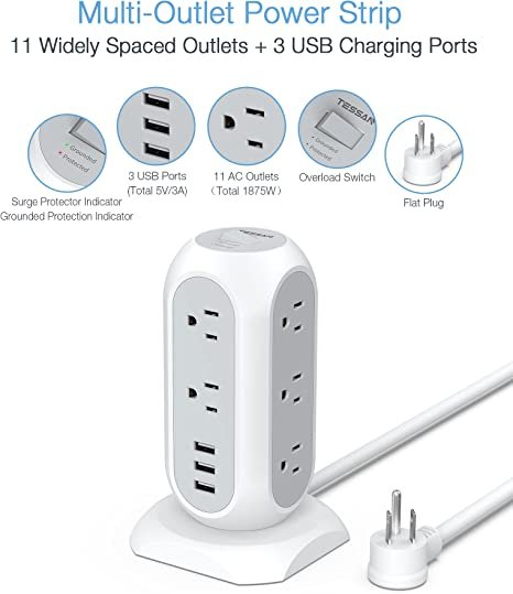 Tower Power Strip with 11 Outlets 3 USB Chargers