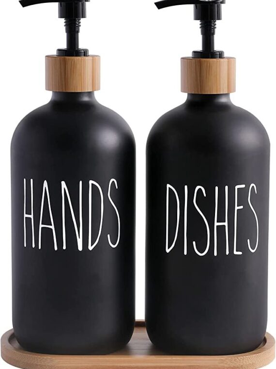 MOMEEMO Glass Soap Dispenser Set, Contains Glass Hand Soap Dispenser and Glass Dish Soap Dispenser. (Black)