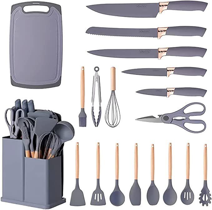 Kitchen Cooking Utensils & Knife Set with Block, Holder & Cutting Board 19 Piece Set