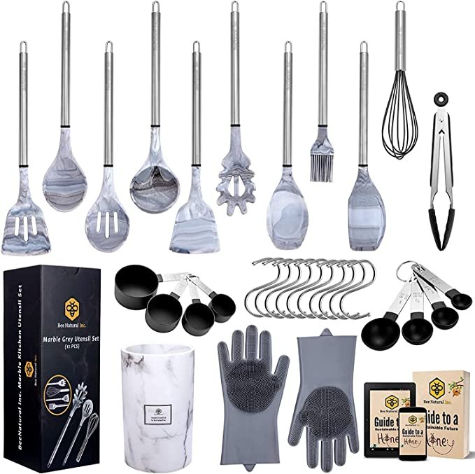 BeeNatural Kitchen Utensil Set, 32 Piece Marble Grey Kitchen Gadget