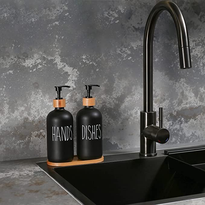 MOMEEMO Glass Soap Dispenser Set, Contains Glass Hand Soap Dispenser and Glass Dish Soap Dispenser. (Black)
