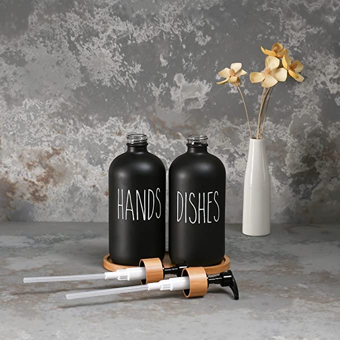 MOMEEMO Glass Soap Dispenser Set, Contains Glass Hand Soap Dispenser and Glass Dish Soap Dispenser. (Black)