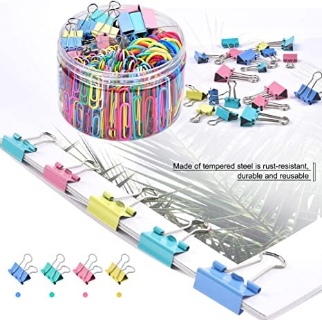 Sopito 300pcs Colored Office Clips Set with Paper Clamps Paperclips Rubber Bands for Office and School Supplies, Assorted Sizes