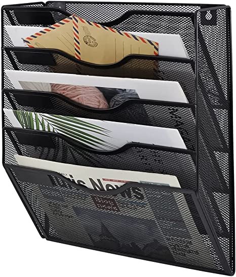 COSYAWN 5 Tier Wall File Holder Hanging Mail Organizer Metal Wall Mount Magazine Rack, Black