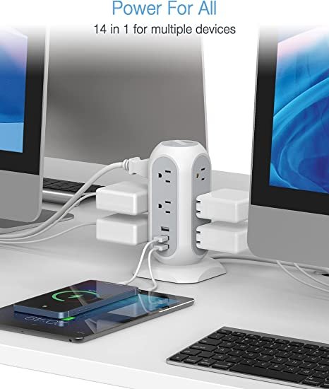 Tower Power Strip with 11 Outlets 3 USB Chargers