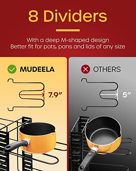 Pots and Pans Organizer for Cabinet - MUDEELA Pan Organizer Rack for Cabinet with 3 DIY Methods,