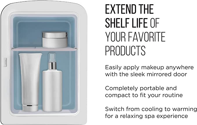Chefman Portable Mirrored Personal Fridge 4 Liter Mini Refrigerator Skin Care, White