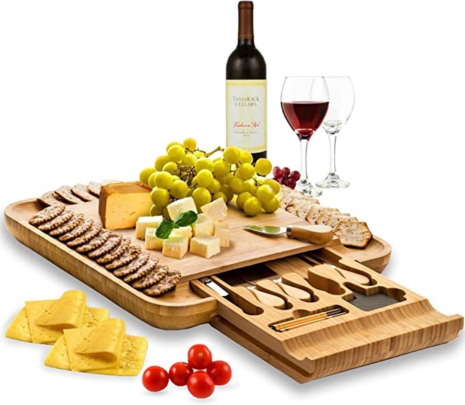 Premium Cheese Board and Knife Set - Bamboo Wood Charcuterie Board Set & Cheese Board Accessories Set