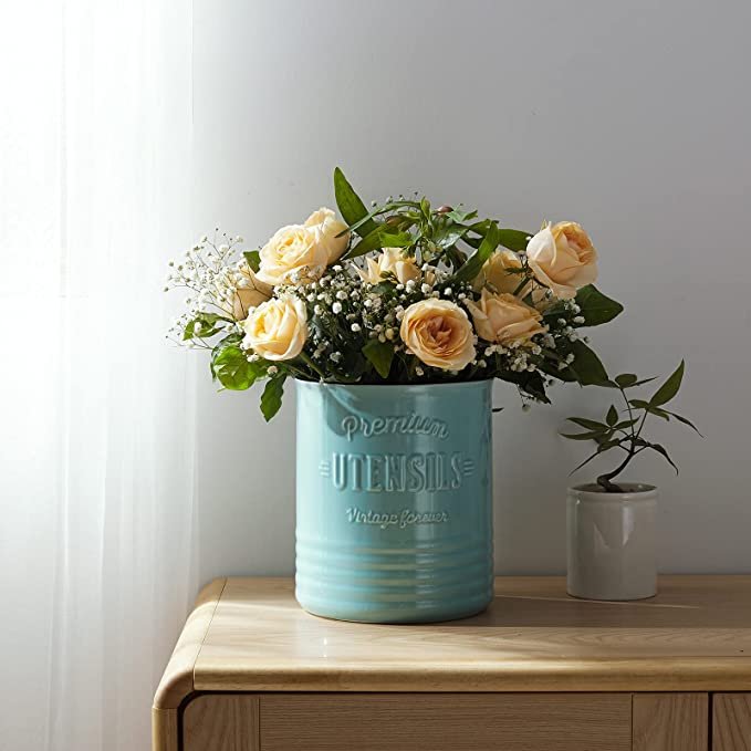 DOWAN Kitchen Utensil Holder, 7.2″ Large Ceramic Teal Utensil Crock