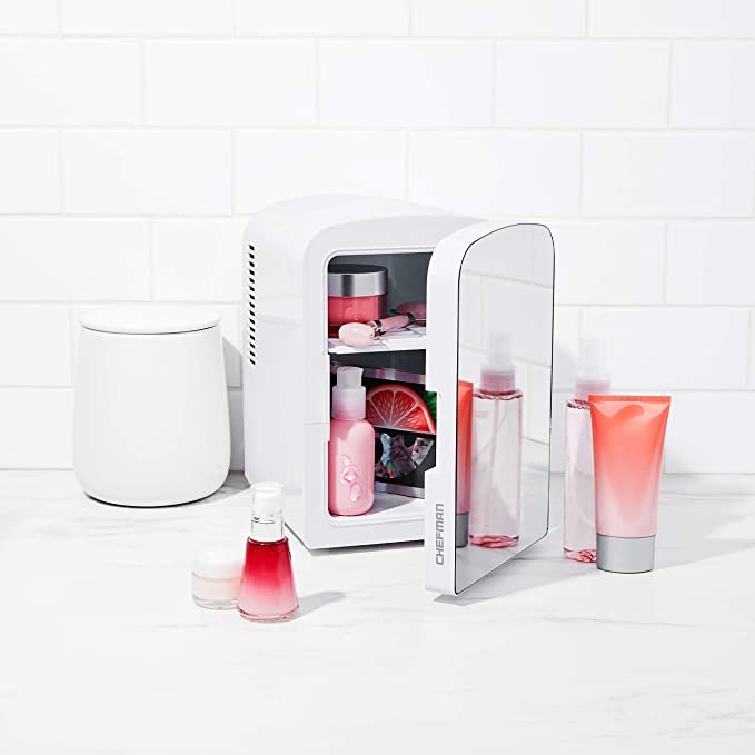 Chefman Portable Mirrored Personal Fridge 4 Liter Mini Refrigerator Skin Care, White