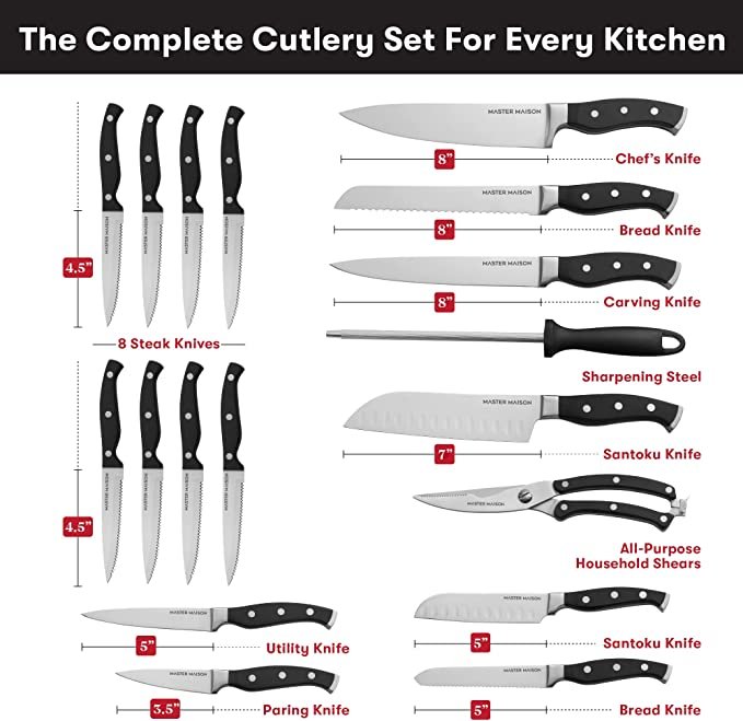 Master Maison 19-Piece Kitchen Knife Set With Wooden Knife Block - German Stainless Steel Knife Set