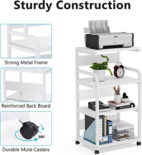 Tribesigns 4-Shelf Mobile Printer Stand with Storage Shelves (White)