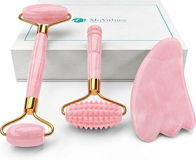Pink Jade Roller and Gua Sha Set. Jade Roller For Face Real Jade 100% Jade Stone Roller. Warm Facial Massager or Ice Roller