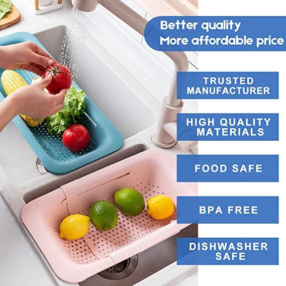 Collapsible Colander Kitchen Extendable Space-Saver Portable Drainer Over Sink (Pink)