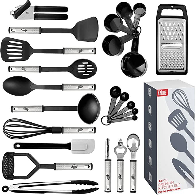 Kitchen Utensils Set 24 Nylon and Stainless Steel Cooking Utensil Set, Non-Stick and Heat Resistant (Black)