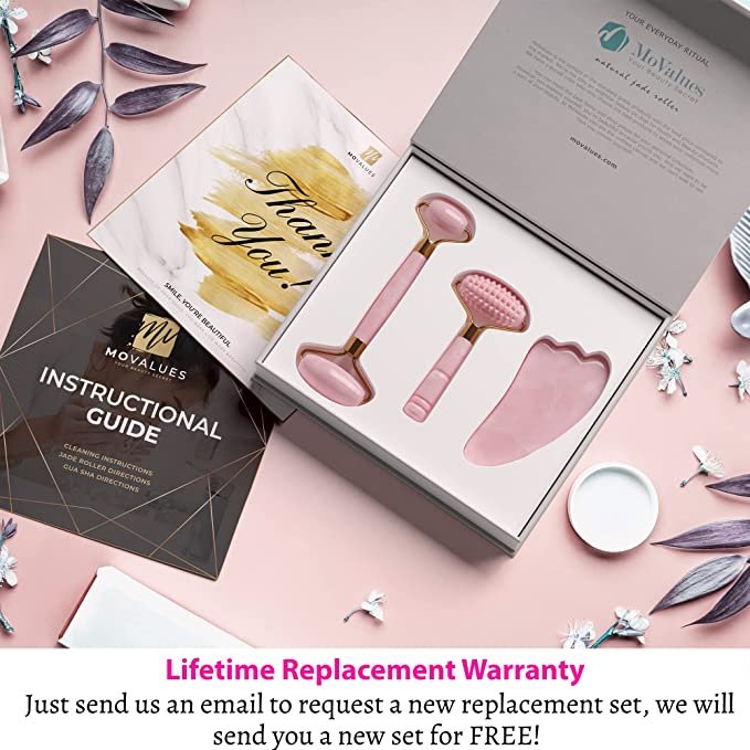 Pink Jade Roller and Gua Sha Set. Jade Roller For Face Real Jade 100% Jade Stone Roller. Warm Facial Massager or Ice Roller