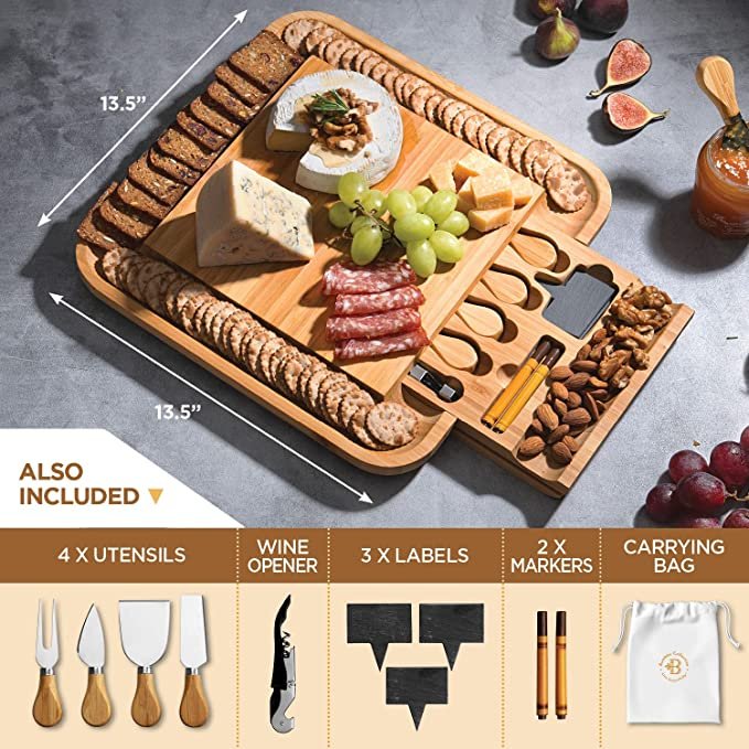 Premium Cheese Board and Knife Set - Bamboo Wood Charcuterie Board Set & Cheese Board Accessories Set