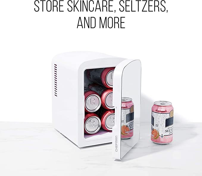 Chefman Portable Mirrored Personal Fridge 4 Liter Mini Refrigerator Skin Care, White