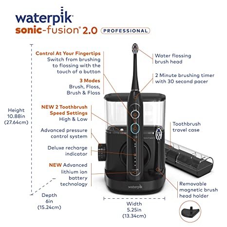 Waterpik Sonic-Fusion 2.0 Professional Flossing Toothbrush, Electric Toothbrush and Water Flosser Combo In One, Black