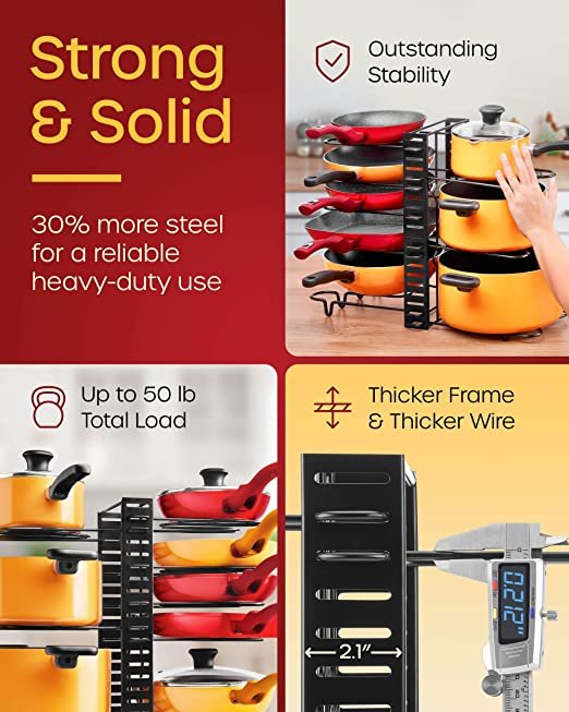 Pots and Pans Organizer for Cabinet - MUDEELA Pan Organizer Rack for Cabinet with 3 DIY Methods,