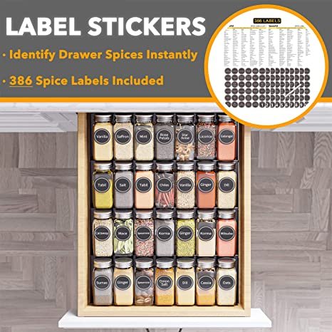 SpaceAid Spice Drawer Organizer with 28 Spice Jars, 386 Spice Labels and Chalk Marker, 4 Tier Seasoning Rack Tray Insert for Kitchen Drawers, 12.8" Wide x 17.5" Deep
