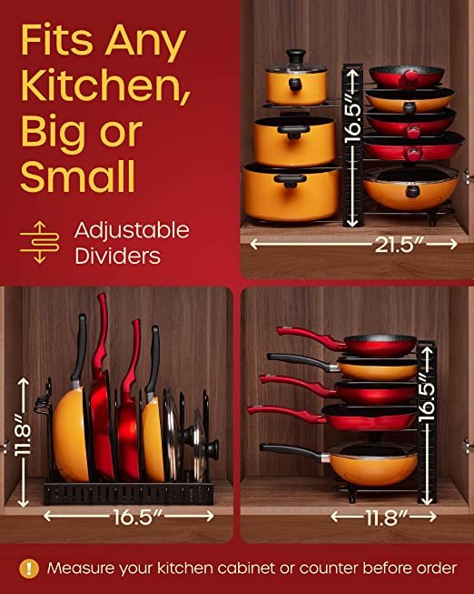 Pots and Pans Organizer for Cabinet - MUDEELA Pan Organizer Rack for Cabinet with 3 DIY Methods,