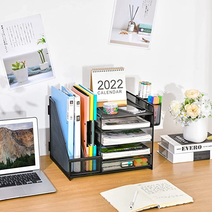 5-Tier Paper Letter Tray Organizer with Drawer and 2 Pen Holder, Marbrasse Desk Organizer with File Holder (Black)