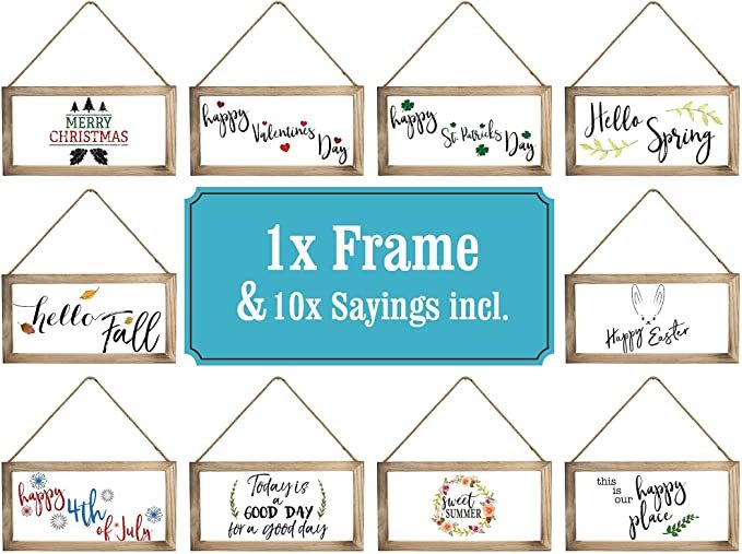 KIBAGA Farmhouse Wall Decor Signs For Christmas With Interchangeable Sayings - Rustic 9X17” Wood Picture Frame with 10 Designs