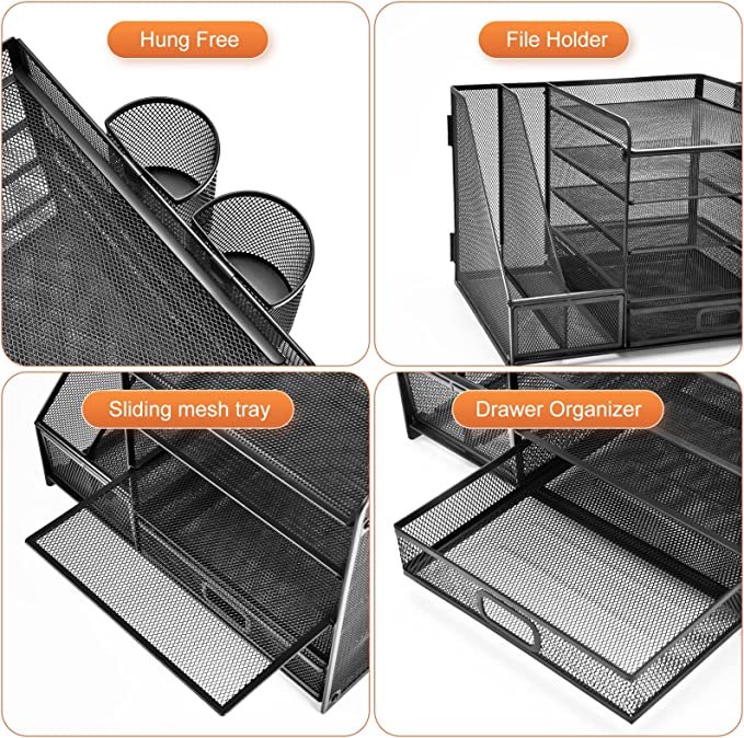 5-Tier Paper Letter Tray Organizer with Drawer and 2 Pen Holder, Marbrasse Desk Organizer with File Holder (Black)