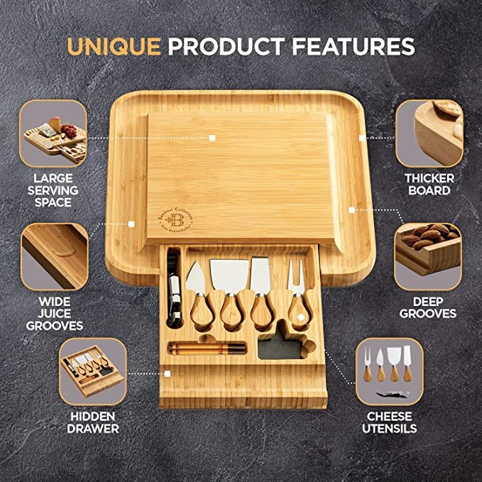 Premium Cheese Board and Knife Set - Bamboo Wood Charcuterie Board Set & Cheese Board Accessories Set